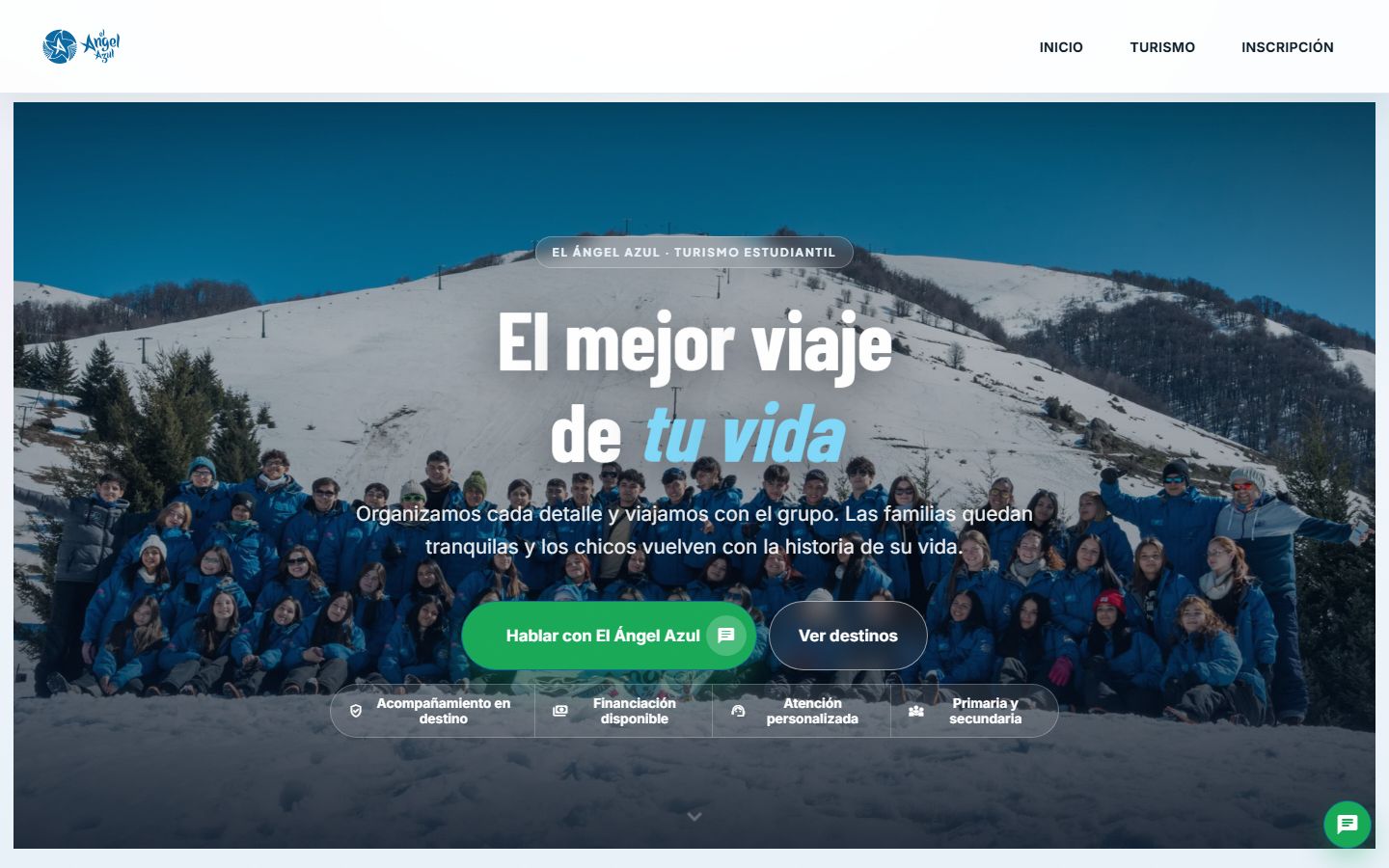 Página de inicio de El Ángel Azul, turismo estudiantil