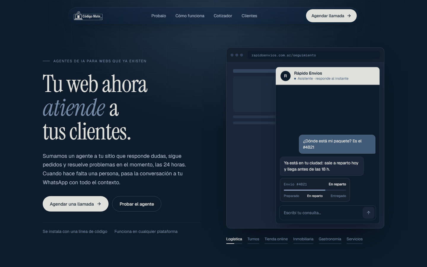 Página de inicio de Código Mate, chatbots para webs de negocios